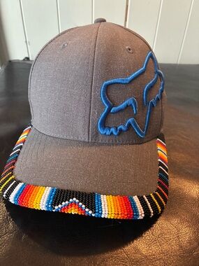 Fox Kids Gray Hat with Blue Logo and Multicolored Indigenous Beaded Brim